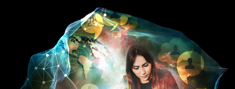 Head and upper body of a young woman looking down, in the background a collage of a world map and scientific symbols and shapes