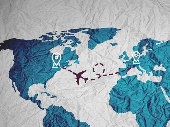World map in the style of a print on creased fabric with a flight route from the Ruhr area to New York marked on it