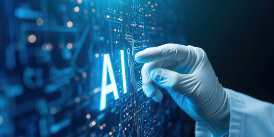 Glowing ‘AI’ lettering on a shimmering blue glass wall and a hand with white lab gloves trying to touch the lettering.