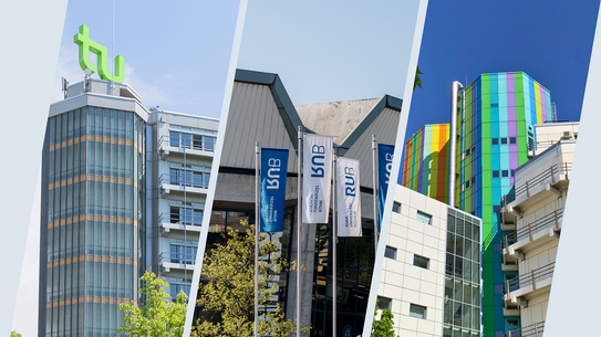 Collage of the three most striking buildings of the UA Ruhr universities