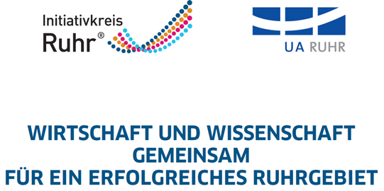 Banner von UA Ruhr und Initiativkreis Ruhr mit der Überschrift "Wirtschaft und Wissenschaft: Gemeinsam für ein erfolgreiches Ruhrgebiet"