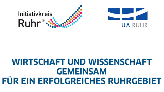 Banner von UA Ruhr und Initiativkreis Ruhr mit der Überschrift "Wirtschaft und Wissenschaft: Gemeinsam für ein erfolgreiches Ruhrgebiet"