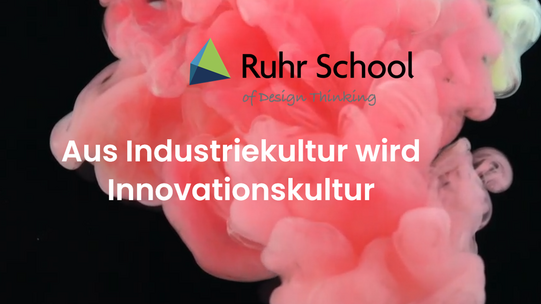 Eine rote Wolke auf schwarzem Hintergrund. Oben ist das Logo der Ruhr School of Design Thinking eingebunden, in der Mitte steht der Schriftzug "Aus Industriekultur wird Innovationskultur"