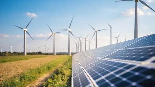 Auf einem Feld stehen im Hintergrund Windräder, rechts am Bildrand Solarmodule.