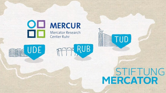 Grafik einer hellbraunen Pappe, auf der eine weiße Ruhrgebietskarte eingezeichnet ist, darin sind die drei UA Ruhr-Universitäten sowie das Mercur- und Stiftung Mercator-Logo eingezeichnet