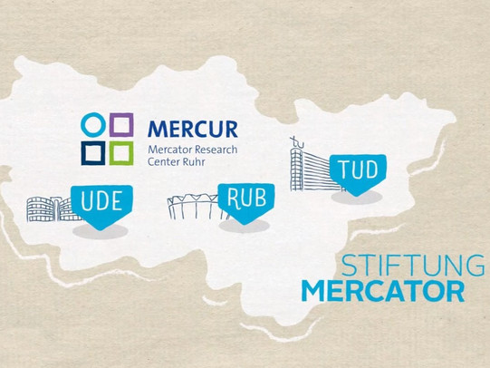 Grafik einer hellbraunen Pappe, auf der eine weiße Ruhrgebietskarte eingezeichnet ist, darin sind die drei UA Ruhr-Universitäten sowie das Mercur- und Stiftung Mercator-Logo eingezeichnet