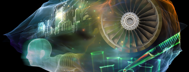 Various symbols and photos from research, displayed in a cloud against a black background.