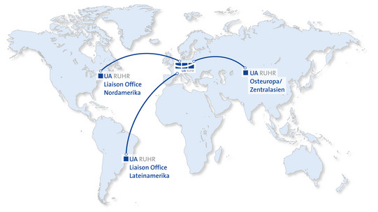 Weltkarte, auf der die UA Ruhr Büros Sao Paulo, New York und Osteuropa markiert sind