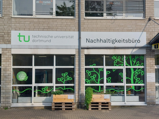 Sustainability Office at TU Dortmund University The sustainability office at TU Dortmund University: pallet furniture in front of large glass windows