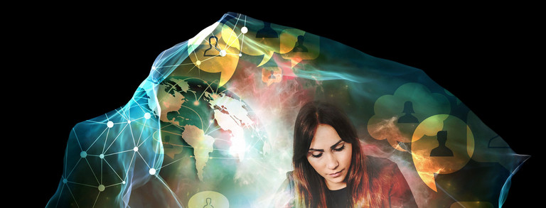 Head and upper body of a young woman looking down, in the background a collage of a world map and scientific symbols and shapes