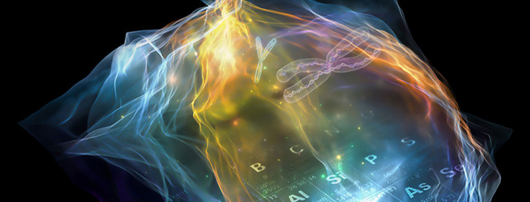 Science Cloud Various symbols and photos from research depicted in a cloud against a black background.