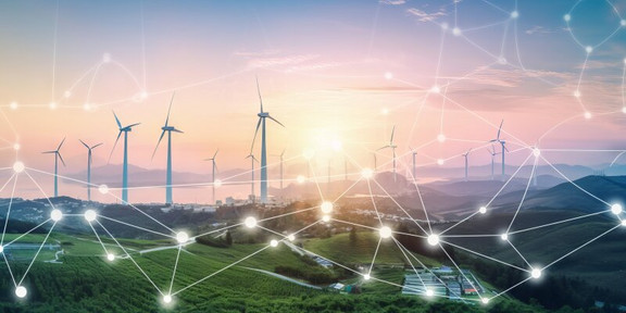 Graphic: A photo of windmills on green grass during a sunset. A network graphic of light lines and dots is superimposed over the photo.