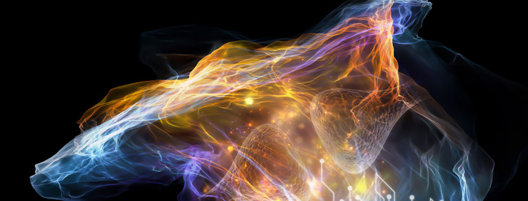 Spherical graphic of a cloud composed of different colored gases and elements, on a dark background